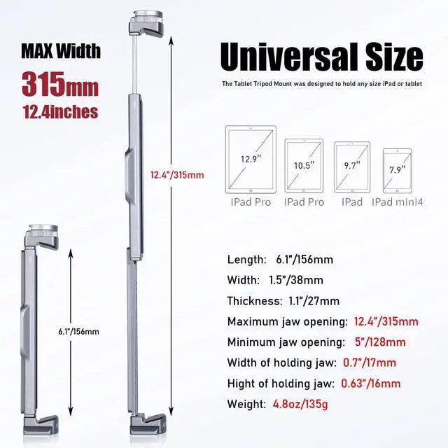 Alt view image 3 of 7 - Full Metal Tablet Tripod Mount 7.9 -12.9 Inch Tablet Holder Horizontally & Vertically Position with 1 Rotatable Cold Shoe, 2 Arca Swiss Plate for iPad Video Camera Vlog Shooting Live Streaming