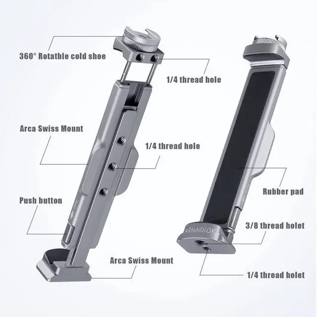 Alt view image 4 of 7 - Full Metal Tablet Tripod Mount 7.9 -12.9 Inch Tablet Holder Horizontally & Vertically Position with 1 Rotatable Cold Shoe, 2 Arca Swiss Plate for iPad Video Camera Vlog Shooting Live Streaming