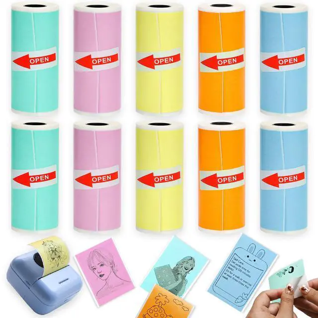 Main image of 10 Rolls Colorful Mini Thermal Printer Paper Refill for Most Mini Printers, 57 x 25mm Thermal Sticker Paper Rolls for T02/M02 Study Notes Photos Journals Memo Lists