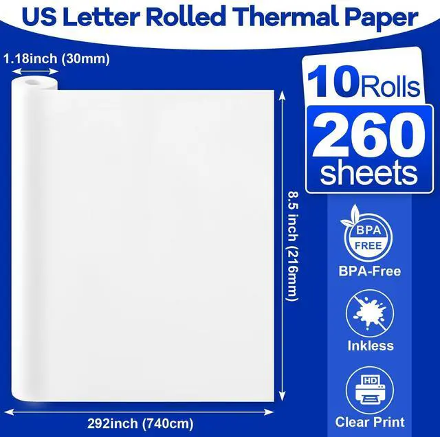 Alt view image 2 of 7 - 10 Rolls Thermal Printer Paper 8.5"x11" US Letter Size, BPA free Quick-Dry Thermal Paper,Thermal Printing Paper Rolls Compatible Most Portable Printers(About 260 Sheets)
