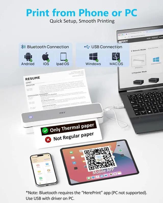 Alt view image 3 of 7 - Inkless Portable Printer for Travel, Wireless Thermal Printer Support 8.5 x 11 US Letter A4 B5, Bluetooth Mobile Printers for Laptop, iPhone, Android for Home, Car, Office, School, MT610 Grey
