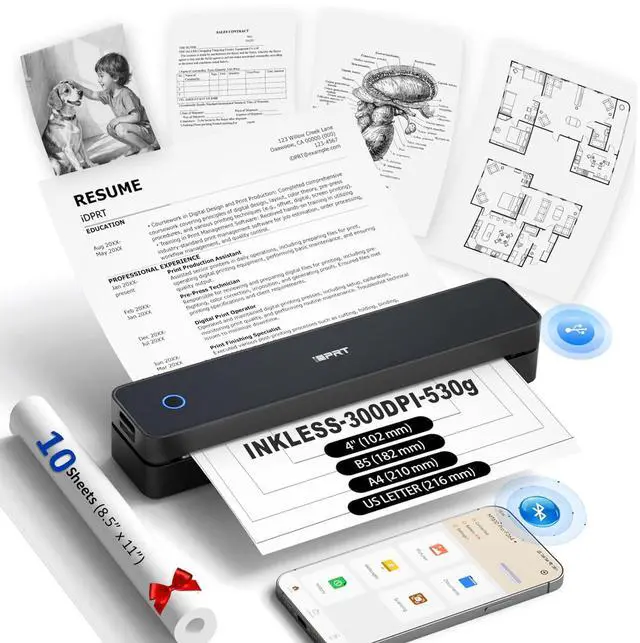 Main image of Inkless Portable Printer for Travel, Wireless Thermal Printer Supports 8.5 x 11" US Letter, A4, MT610Pro 300DPI Small Bluetooth Printers Compatible with iOS Android Laptop for Home Office Car, Black