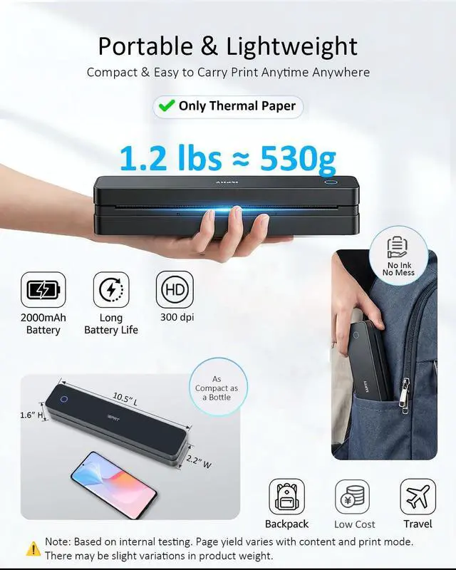 Alt view image 2 of 7 - Inkless Portable Printer for Travel, Wireless Thermal Printer Supports 8.5 x 11" US Letter, A4, MT610Pro 300DPI Small Bluetooth Printers Compatible with iOS Android Laptop for Home Office Car, Black