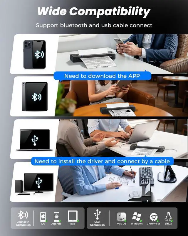 Alt view image 5 of 7 - Inkless Portable Printers Wireless for Travel, Small Thermal Printer Compatible with iPhone Laptop, Bluetooth Mobile Printer for School/Office/Home Use Support 8.5" X 11" Thermal Paper