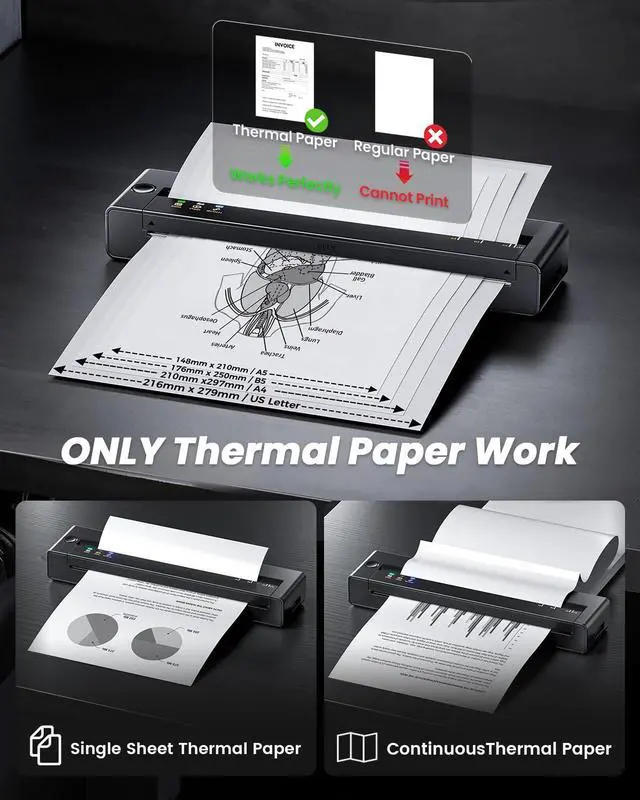 Alt view image 6 of 7 - Inkless Portable Printers Wireless for Travel, Small Thermal Printer Compatible with iPhone Laptop, Bluetooth Mobile Printer for School/Office/Home Use Support 8.5" X 11" Thermal Paper