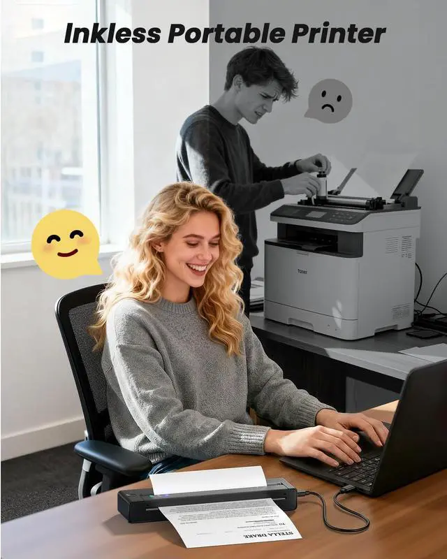 Alt view image 2 of 7 - Inkless Portable Printers Wireless for Travel, Small Thermal Printer Compatible with iPhone Laptop, Bluetooth Mobile Printer for School/Office/Home Use Support 8.5" X 11" Thermal Paper