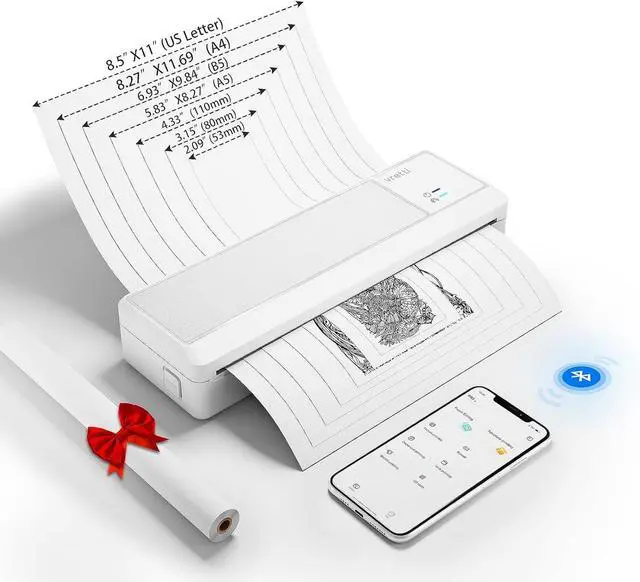 Main image of P83 Portable Printers Wireless for Travel, A4 Portable Thermal Printer, Mobile Inkless Printer Compatible with Phone & Laptop, Supports 8.5 x 11 US Letter for Car School Office Home Use, White