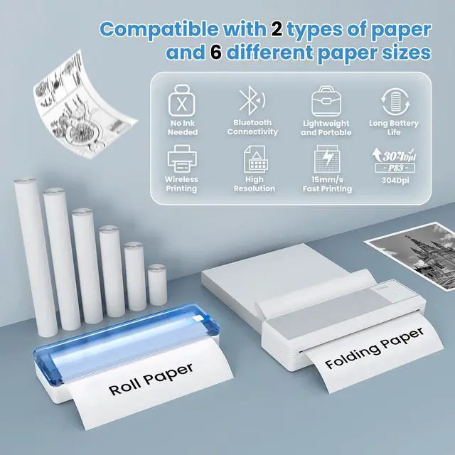 Alt view image 3 of 7 - P83 Portable Printers Wireless for Travel, A4 Portable Thermal Printer, Mobile Inkless Printer Compatible with Phone & Laptop, Supports 8.5 x 11 US Letter for Car School Office Home Use, White