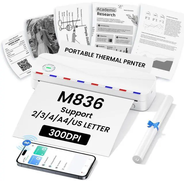 Main image of Portable Thermal Printer - Portable Printer Wireless for Travel, Support 8.5'' x 11'' US Letter & A4, M836 Bluetooth Inkless Printer for Home Use, for iPhone & Laptop, 1 Roll Paper