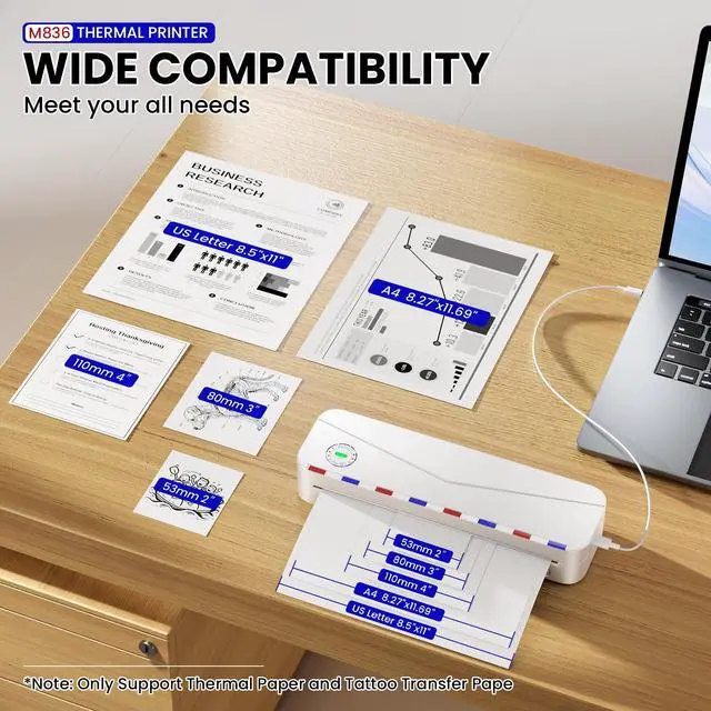 Alt view image 3 of 7 - Portable Thermal Printer - Portable Printer Wireless for Travel, Support 8.5'' x 11'' US Letter & A4, M836 Bluetooth Inkless Printer for Home Use, for iPhone & Laptop, 1 Roll Paper