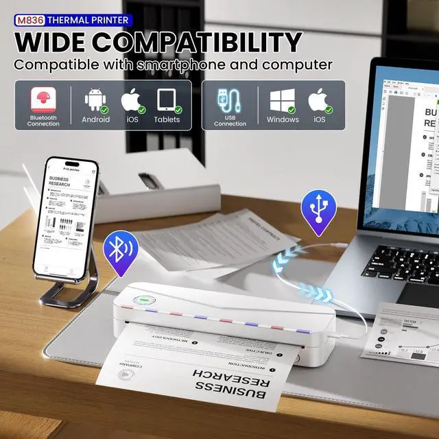 Alt view image 4 of 7 - Portable Thermal Printer - Portable Printer Wireless for Travel, Support 8.5'' x 11'' US Letter & A4, M836 Bluetooth Inkless Printer for Home Use, for iPhone & Laptop, 1 Roll Paper