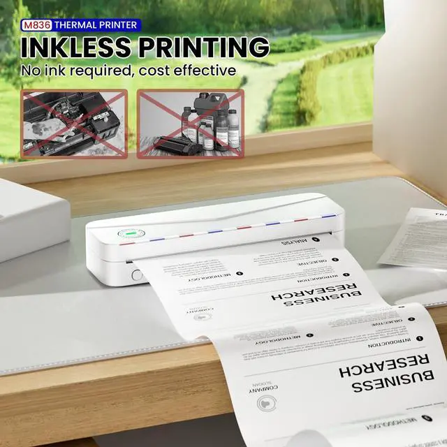 Alt view image 5 of 7 - Portable Thermal Printer - Portable Printer Wireless for Travel, Support 8.5'' x 11'' US Letter & A4, M836 Bluetooth Inkless Printer for Home Use, for iPhone & Laptop, 1 Roll Paper