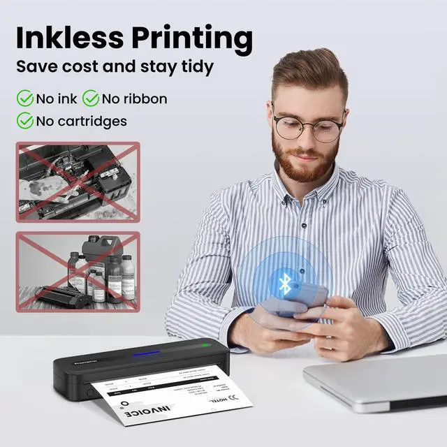 Alt view image 2 of 7 - Portable Printers Wireless for Travel, M832 Inkless Bluetooth Thermal Printer Support 8.5'' x 11'' US Letter & A4 Size, Compatible with iPhone Android Laptop for Mobile Office Home, with Case