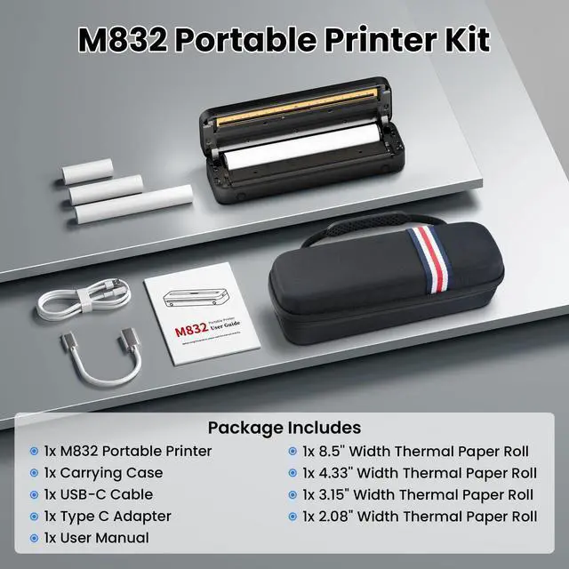 Alt view image 7 of 7 - Portable Printers Wireless for Travel, M832 Inkless Bluetooth Thermal Printer Support 8.5'' x 11'' US Letter & A4 Size, Compatible with iPhone Android Laptop for Mobile Office Home, with Case