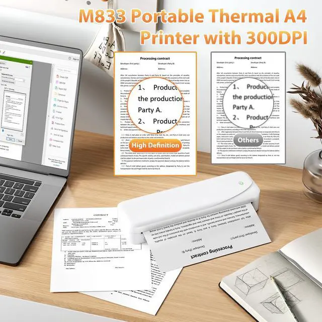Alt view image 4 of 7 - Portable Printers Wireless for Travel, M833 Bluetooth Thermal Printer Compatible with Phone & Laptop,Support 8.5'' x 11'' US Letter & A4, 300Dpi Inkless Mobile Printer for Office, Home, School