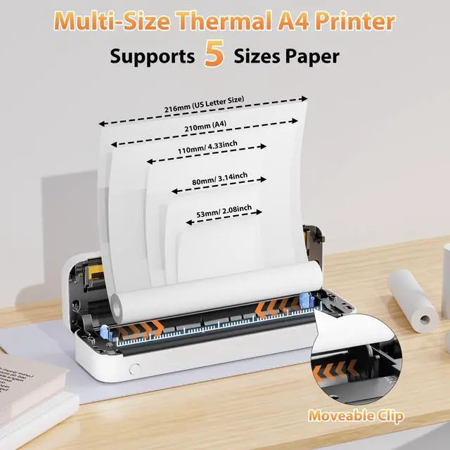 Alt view image 3 of 7 - Portable Printers Wireless for Travel, M833 Bluetooth Thermal Printer Compatible with Phone & Laptop,Support 8.5'' x 11'' US Letter & A4, 300Dpi Inkless Mobile Printer for Office, Home, School
