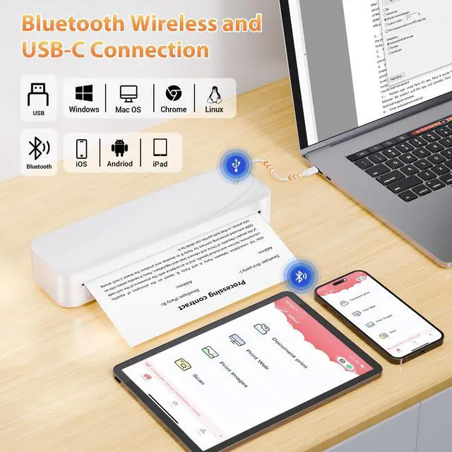 Alt view image 2 of 7 - Portable Printers Wireless for Travel, M833 Bluetooth Thermal Printer Compatible with Phone & Laptop,Support 8.5'' x 11'' US Letter & A4, 300Dpi Inkless Mobile Printer for Office, Home, School