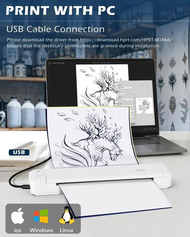 Alt view image 6 of 7 - Portable Printer Wireless Bluetooth Connection MT866 Thermal Inkless Mobile Support 8.5'' X 11'' US Letter and Tattoo Stencil, Compatible with iOS/Android/PC, Includes 10pcs Transfer Paper
