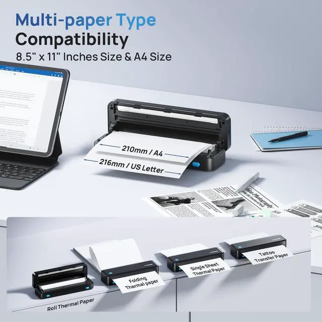 Alt view image 2 of 7 - Portable Printers, D820 Wireless Bluetooth Printers Support 2" to 8.5" Width Thermal Paper & 8.5"x11" US Letter Size, Receipt Printers for Home Use Suitable for Phone & PC (Black) 1 Pack