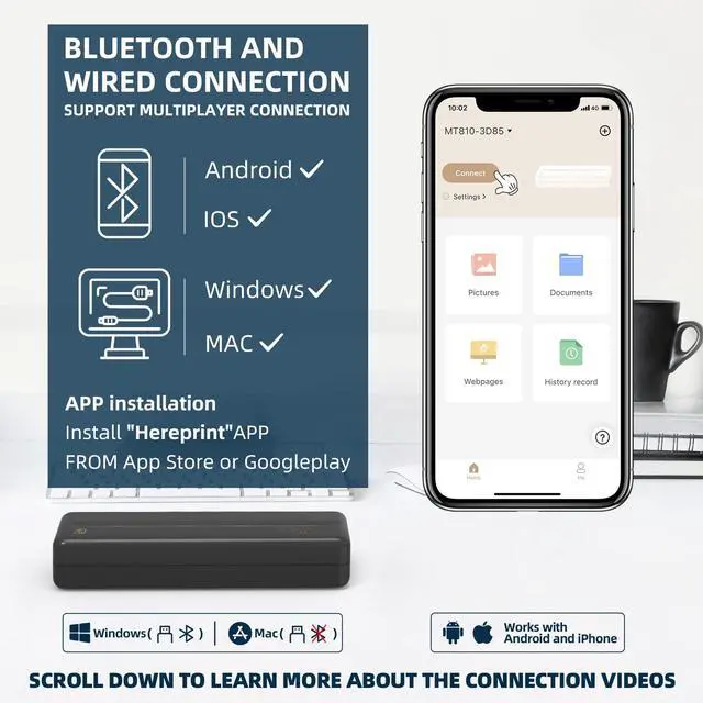 Alt view image 3 of 7 - Wireless Portable Printer - Bluetooth Thermal Printer for Travel, Mobile Office, School, Home Compatible with iOS Android,Black