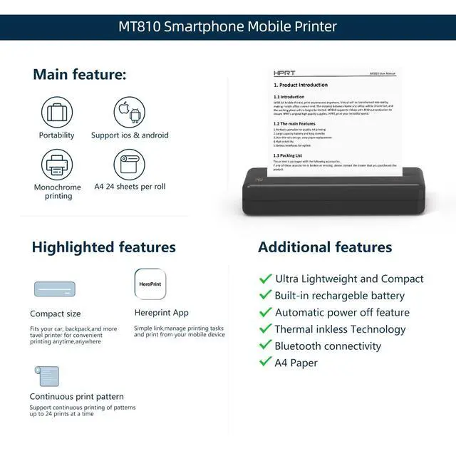 Alt view image 4 of 7 - Wireless Portable Printer - Bluetooth Thermal Printer for Travel, Mobile Office, School, Home Compatible with iOS Android,Black