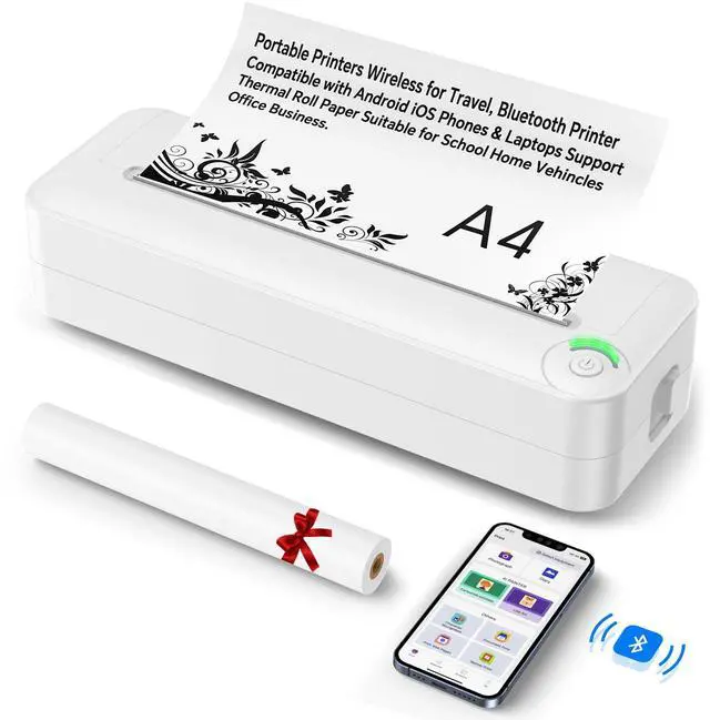 Main image of Portable Wireless Thermal Printer, Inkless A4 Printer for Travel, Home & Office, Compatible with Android, iOS, Laptops, 300DPI Compact Bluetooth Printer with Rechargeable Battery