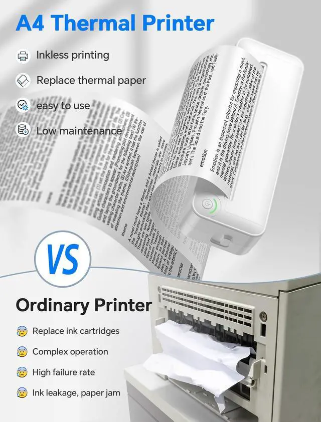 Alt view image 2 of 7 - Portable Wireless Thermal Printer, Inkless A4 Printer for Travel, Home & Office, Compatible with Android, iOS, Laptops, 300DPI Compact Bluetooth Printer with Rechargeable Battery