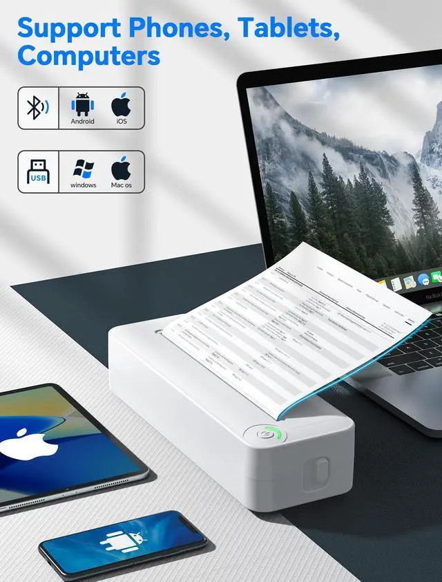 Alt view image 3 of 7 - Portable Wireless Thermal Printer, Inkless A4 Printer for Travel, Home & Office, Compatible with Android, iOS, Laptops, 300DPI Compact Bluetooth Printer with Rechargeable Battery