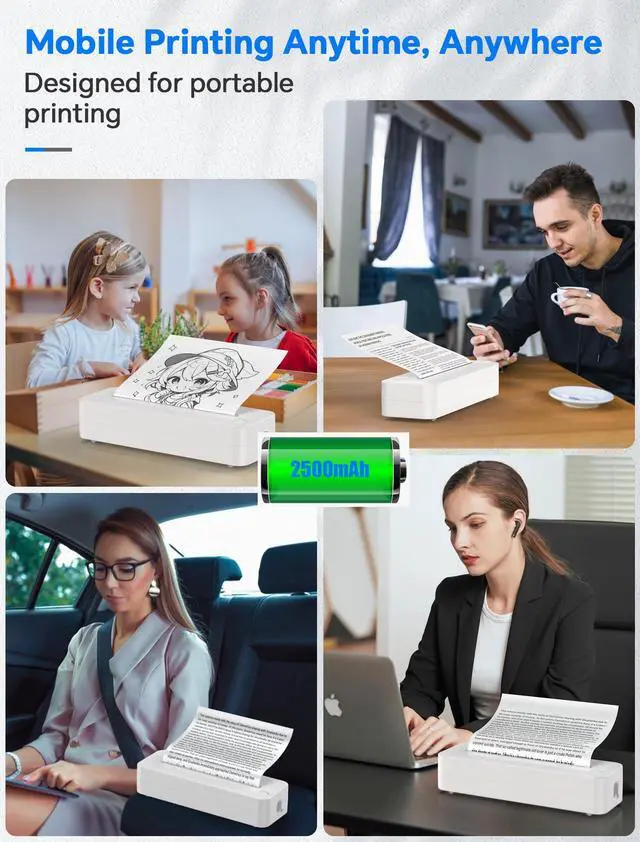 Alt view image 5 of 7 - Portable Wireless Thermal Printer, Inkless A4 Printer for Travel, Home & Office, Compatible with Android, iOS, Laptops, 300DPI Compact Bluetooth Printer with Rechargeable Battery