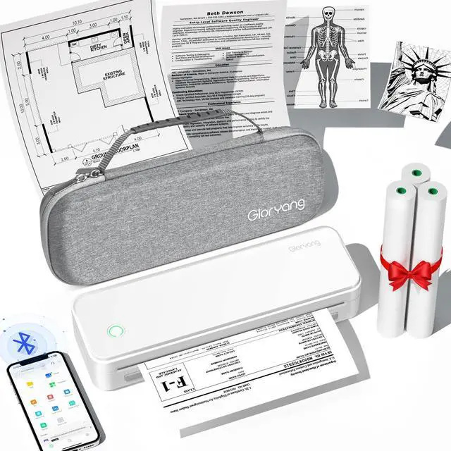Main image of Inkless Portable Printer for Travel, Wireless Thermal Printer Supports 8.5 x 11 Inch US Letter Size, Bluetooth Machine Includes Carry Case and 3 Rolls of Thermal Paper Kit, White