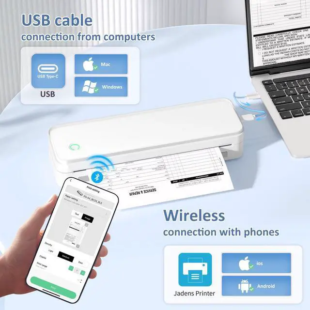 Alt view image 3 of 7 - Inkless Portable Printer for Travel, Wireless Thermal Printer Supports 8.5 x 11 Inch US Letter Size, Bluetooth Machine Includes Carry Case and 3 Rolls of Thermal Paper Kit, White