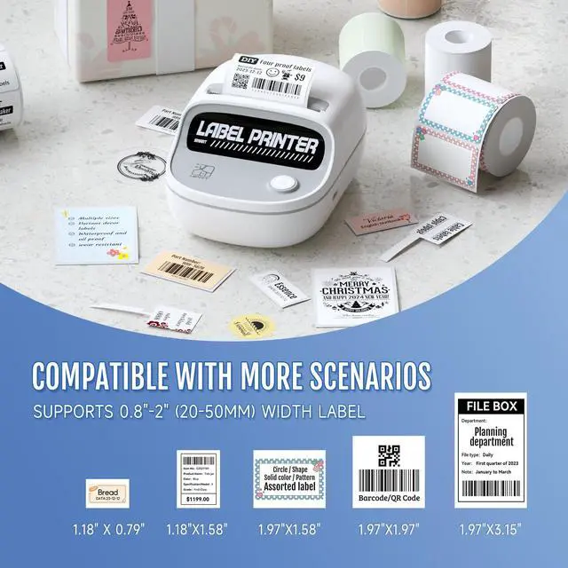 Alt view image 2 of 7 - Mini Sticker Printer, Portable Thermal Printer with 1 Roll Sticker Paper, Inkless Sticker Maker, Bluetooth Label Printer for Study Notes,Lists,Pictures,DIY Creations, Printers for Home Use, White