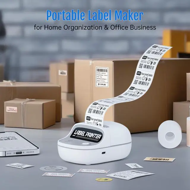 Alt view image 3 of 7 - Mini Sticker Printer, Portable Thermal Printer with 1 Roll Sticker Paper, Inkless Sticker Maker, Bluetooth Label Printer for Study Notes,Lists,Pictures,DIY Creations, Printers for Home Use, White