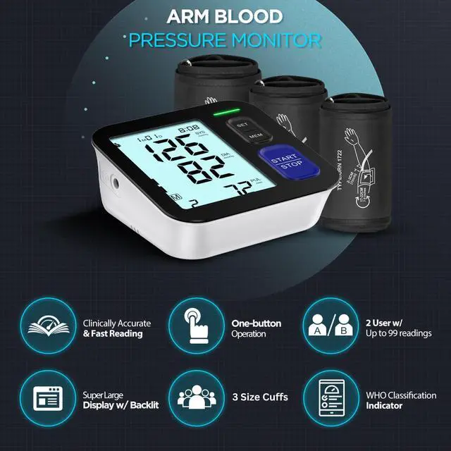 Alt view image 2 of 7 - Blood Pressure Machine Upper Arm, 3 Size Cuffs, Small 7"-9", Medium/Large 9"-17" and Extra Large X-Large Cuff 13"-21", Accurate Automatic Digital BP Monitor Home Use, 4 AAA Alkaline Batteries Included