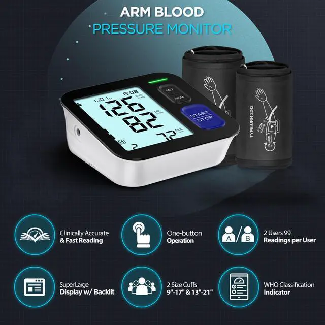 Alt view image 2 of 7 - Blood Pressure Machine Upper Arm, 2 Size Cuffs Fit Arms from Medium 9"-17" to Extra Large XL Cuff 13"-21", Accurate Automatic Digital BP Monitor Home Use, Large Backlit LCD, BP Cuff with 2-User Mode
