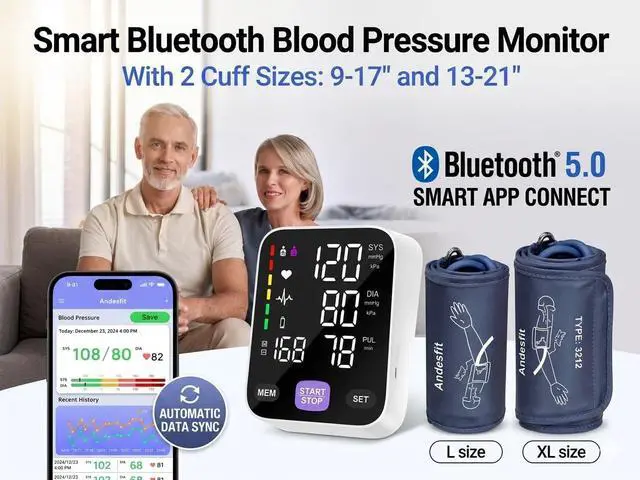 Alt view image 2 of 7 - Upper Arm Blood Pressure Monitor for Home Use 17" Large & 21" XL Extra Large Cuff Big arm, Free APP Bluetooth Sync Apple Health Track Google Fit, Large Display Smart BP Machine for Seniors