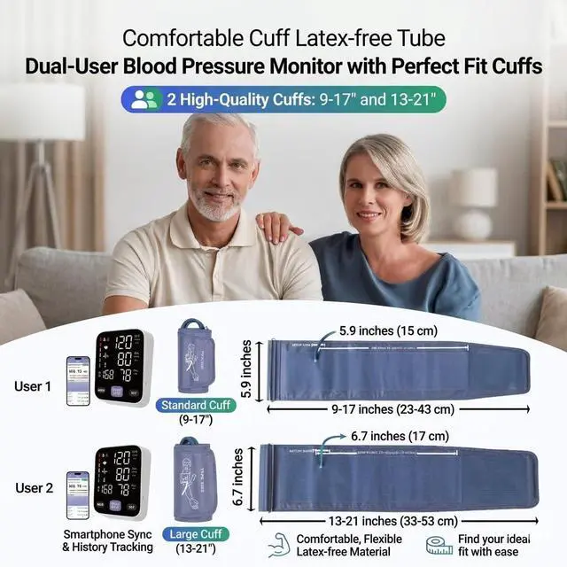 Alt view image 4 of 7 - Upper Arm Blood Pressure Monitor for Home Use 17" Large & 21" XL Extra Large Cuff Big arm, Free APP Bluetooth Sync Apple Health Track Google Fit, Large Display Smart BP Machine for Seniors