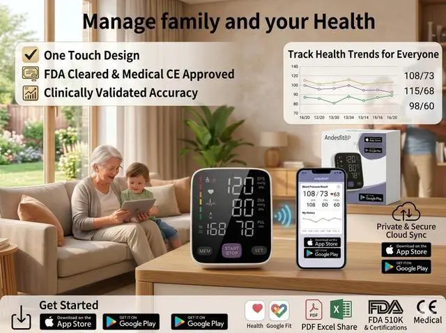 Alt view image 5 of 7 - Upper Arm Blood Pressure Monitor for Home Use 17" Large & 21" XL Extra Large Cuff Big arm, Free APP Bluetooth Sync Apple Health Track Google Fit, Large Display Smart BP Machine for Seniors
