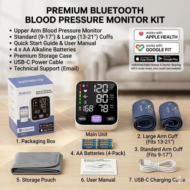 Alt view image 6 of 7 - Upper Arm Blood Pressure Monitor for Home Use 17" Large & 21" XL Extra Large Cuff Big arm, Free APP Bluetooth Sync Apple Health Track Google Fit, Large Display Smart BP Machine for Seniors
