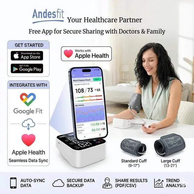 Alt view image 7 of 7 - Upper Arm Blood Pressure Monitor for Home Use 17" Large & 21" XL Extra Large Cuff Big arm, Free APP Bluetooth Sync Apple Health Track Google Fit, Large Display Smart BP Machine for Seniors