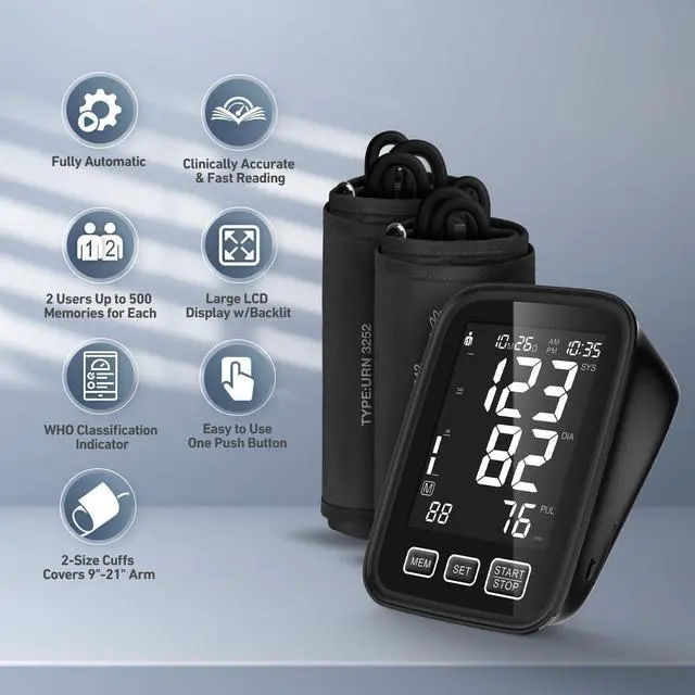Alt view image 2 of 7 - Blood Pressure Machine for Home Use - 9"-17" M/L & 13"-21" XL Cuffs, 2 Size Cuffs Medium/Large and Extra Large, Accurate Digital Automatic Upper Arm BP Monitor, Large Backlit Display, 2-User Mode