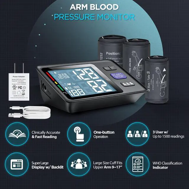 Alt view image 2 of 7 - Blood Pressure Monitor Upper Arm with 3 Size Cuffs, Small 7"-9", Medium/Large Cuff 9"-17" and XL Extra Large 13"-21", Automatic Digital BP Cuffs for Home Use, Large LCD with Backlit, BP Machine