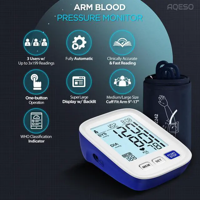 Alt view image 2 of 7 - Upper Arm Electronic Blood Pressure Monitor, 9-17 Inches Cuff for Medium to Large Arms, Accurate Automatic Digital BP Machine for Home Use, Large Backlit Screen, 3 Users,199 Memories Each