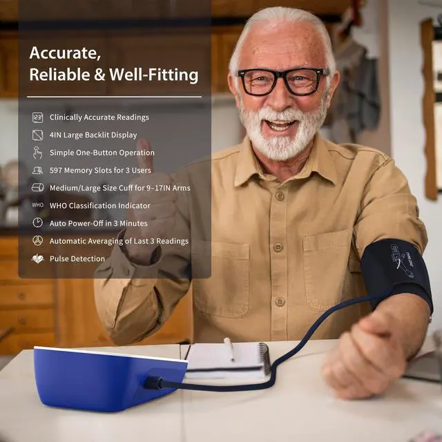 Alt view image 2 of 7 - Blood Pressure Monitor Upper Arm, 9-17 Inches Medium/Large BP Cuff, Accurate Automatic Digital Electronic BP Machine for Home Use, 4" LCD Display, 3-User Mode 199 Memories Each, A01-BS