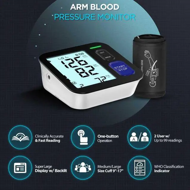 Alt view image 2 of 7 - Blood Pressure Machine Upper Arm, Medium/Large BP Cuff Fit Arms from Medium 9"-17", Accurate Automatic Digital BP Monitor Home Use, Large Backlit LCD, 2-User Mode, 4 AAA Alkaline Batteries Included