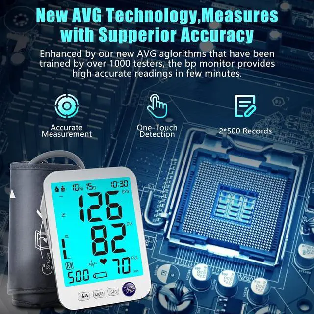 Alt view image 2 of 6 - Blood Pressure Monitor Upper Arm Large LED Backlit Screen 1000 Sets Memory Automatic Digital BP Machine Adjustable BP Cuff 4 Batteries