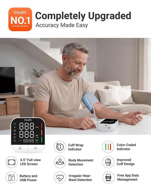 Alt view image 2 of 7 - Track Pro Upper Arm Blood Pressure Monitor, Full-View LED Screen, Body & Cuff Detection, App-Enabled for iOS & Android, Adjustable Cuff Large Adults Arm Friendly