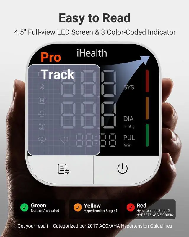 Alt view image 3 of 7 - Track Pro Upper Arm Blood Pressure Monitor, Full-View LED Screen, Body & Cuff Detection, App-Enabled for iOS & Android, Adjustable Cuff Large Adults Arm Friendly