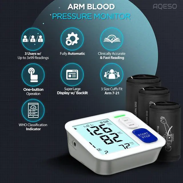 Alt view image 2 of 7 - Blood Pressure Machine Upper Arm, 3 Size Cuffs Included, Small 7"-9", Medium 9"-17" and Extra Large XL Cuff 13"-21", Accurate Automatic Digital BP Monitor Home Use, Large Backlit LCD, 3 Users
