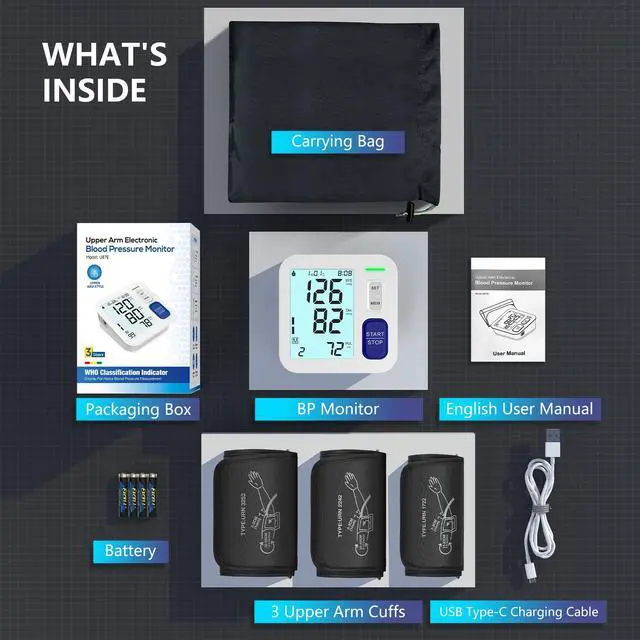 Alt view image 7 of 7 - Blood Pressure Machine Upper Arm, 3 Size Cuffs Included, Small 7"-9", Medium 9"-17" and Extra Large XL Cuff 13"-21", Accurate Automatic Digital BP Monitor Home Use, Large Backlit LCD, 3 Users